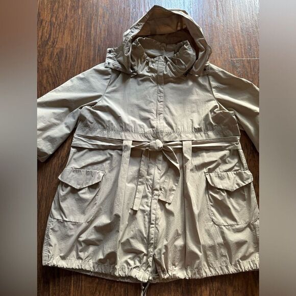 Womens Raincoat Rain Jacket Tan Hood Drawstring Waist Two Way Zipper Size XL - Picture 12 of 16